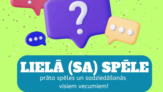 Afiša ar informāciju par pasākumu, fona attēlā dažādu krāsu jautājumu zīmes un daudzpunkti