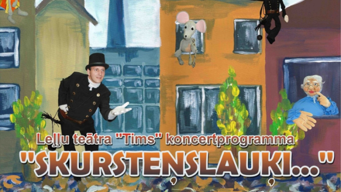 Afiša ar informāciju par pasākumu, fona attēlā - skursteņslauķis un dažādas ēkas, pa kuru logiem skatās cilvēks un peles