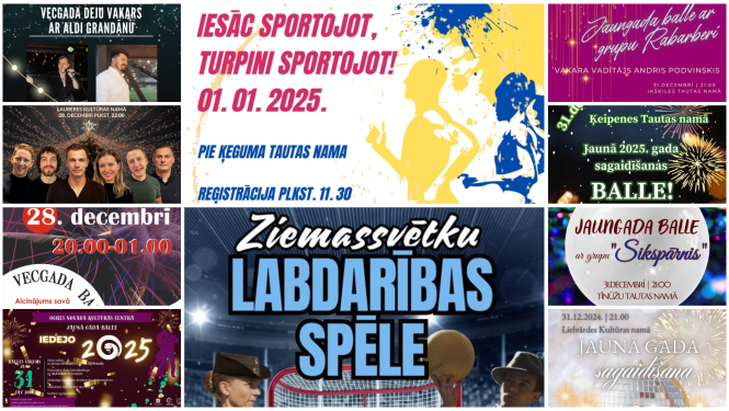 Svētku pasākumu afišu kolāža no 28.decembra līdz 1.janvārim