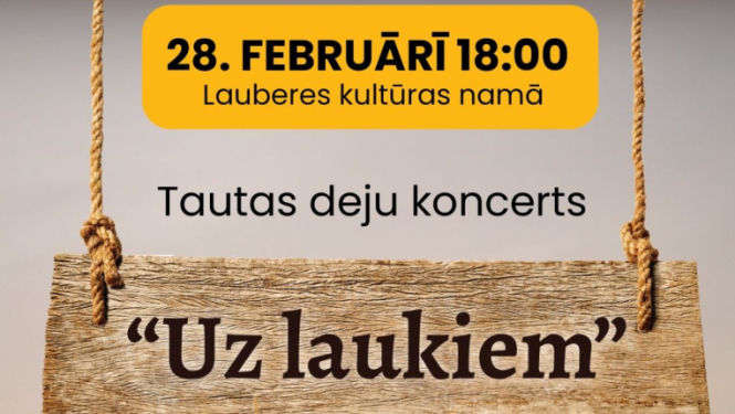 Afiša ar informāciju par pasākumu, fona attēlā siena rullis, tautiska josta, kovboja zābali un platmale