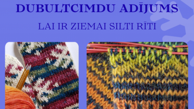 Afiša ar informāciju par pasākumu un rakstainu adījumu attēliem