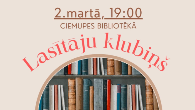 Afiša ar informāciju par pasākumu un arkveida grāmatu plauktu