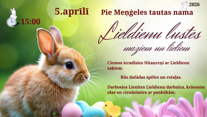 5. aprīlī Lieldienu lustes Meņģelē 15.00 pie tautas nama. Attēlā zaķēns ar krāsainām Lieldienu olām un rozā ziediem