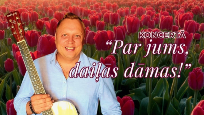 Afiša ar informāciju par koncertu, fona attēlā Māris Blāze a ģitāru tumši rozā tulpju laukā
