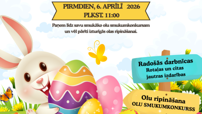6.aprīlī plkst. 11.00 Lieldienu lustes kopā ar Lieldienu Zaķi. Rotaļas, radosāš darbnīcas, olu smukumkonkurss, olu ripināšana un citas jautras izdarības. Ņem līdzi savu smukāko olu smukumkonkursam un vēl pārīti izturīgās olas ripināšanai.