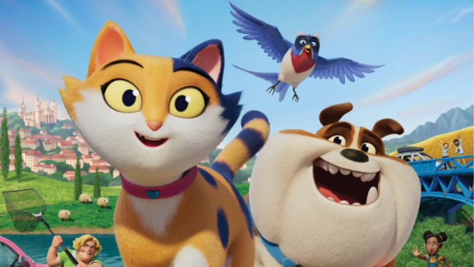 Afiša ar informāciju par kinoseansu un multfilmas tēliem - kaķi, suni un putnu