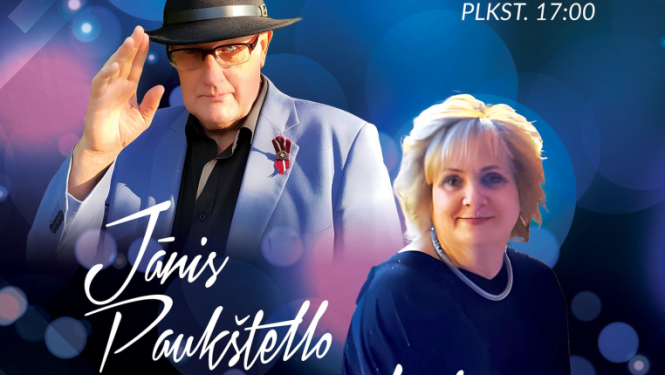 Afiša ar informāciju par pasākumu un Jāņa Paukštello un Lailas Jēkabsones attēliem