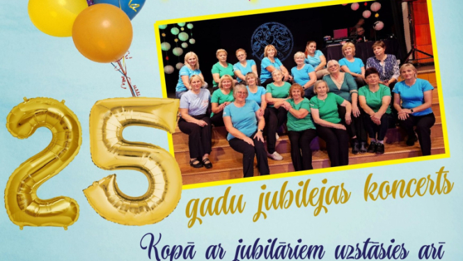 Afiša ar informāciju par koncertu, ar baloniem, skaitli 25 un līnijdeju kolektīva kopbilldi