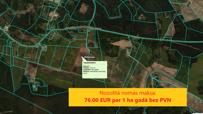 Nomas tiesību izsoles rezultāts īpašumam - zemes vienībai ar kadastra apzīmējumu 7468 004 0049, Madlienas pagastā ir 76 eiro par hektāru gadā bez PVN