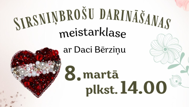 Afiša ar informāciju par pasākumu un dažādu no pērlītēm darinātu brošu attēliem