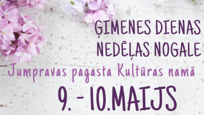 ​ Jumpravas pagasta Kultūras nams aicina ikvienu uz sirsnīgu un ģimenisku nedēļas nogali!  9. maijā plkst. 17.00 Mātes un ģimenes dienai veltīts koncerts “Pie Tevis maigi pieglaužos”  Koncertā piedalīsies:  Jumpravas pagasta Kultūras nama amatiermākslas kolektīvi; Jumpravas pamatskolas audzēkņi; 1.–4. klašu koris; 1.–4. klašu ansamblis; 5.–9. klašu ansamblis. Ieeja bez maksas  10. maijā plkst. 11.00 nāc un jautri pavadi dienu kopā ar ģimeni!  Jumpravas pagasta Kultūras nama Izstāžu zālē būs iespēja radīt br