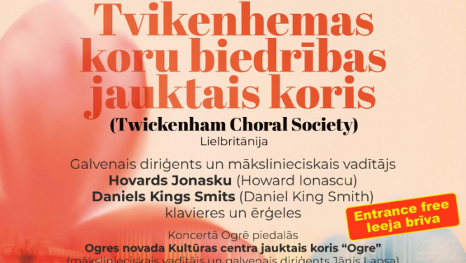 9. aprīlis plkst. 18.00 ONKC Mazā zāle TVIKENHEMAS koru biedrības jauktā kora (Lielbritānija) koncerts Piedalās: Ogres novada Kultūras centra jauktais koris OGRE