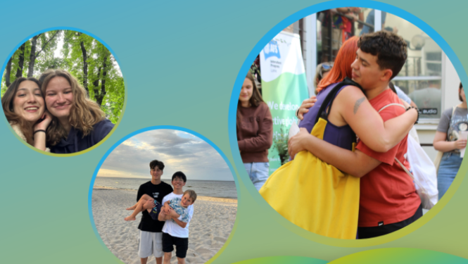 Aicinājums kļūt par viesģimeni vidusskolēnam. Attēlos viesskolēni ar savām viesģimenēm un qr kods