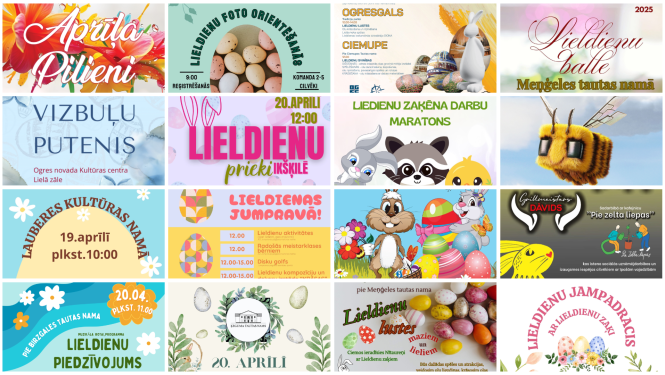 Afišu kolāža Lieldienu brīvdienām