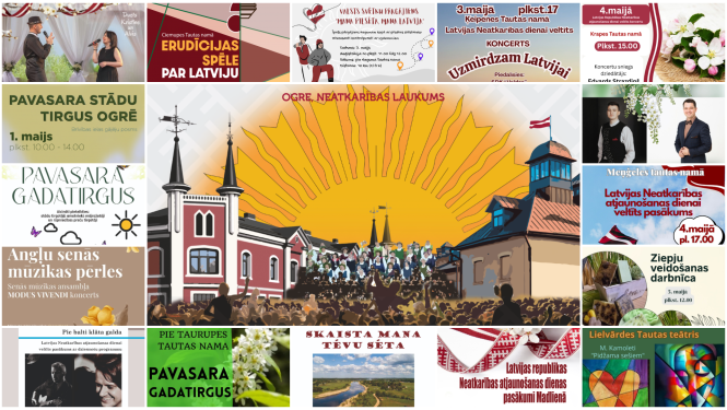 Maija svētku brīvdienu pasākumu afišu kolāža