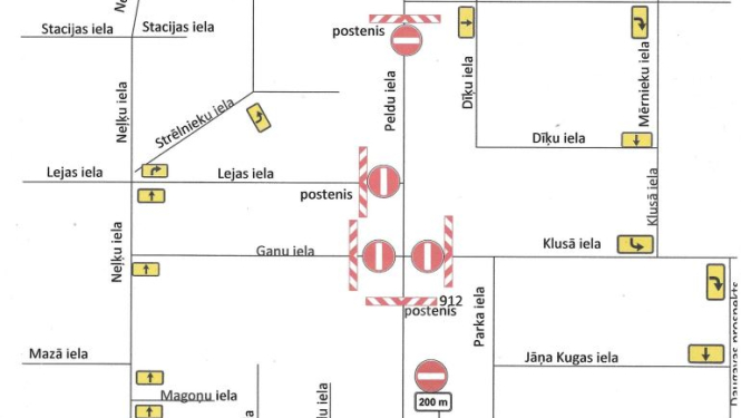 Apbraukšanas shēma Peldu ielas posmam Ikšķilē laikā, kad 13. septembrī tur norisināsies Latvijas čempionāts skrituļsslalomā