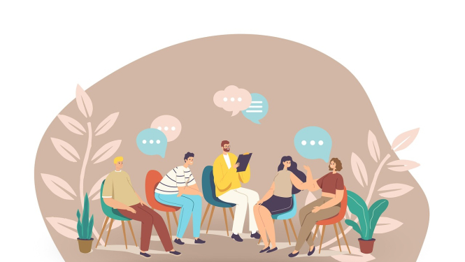 Atbalsta pasākumi NVO. Zīmēts attēls ar mazu fokusgrupu, kurā tiek ģenerētas idejas