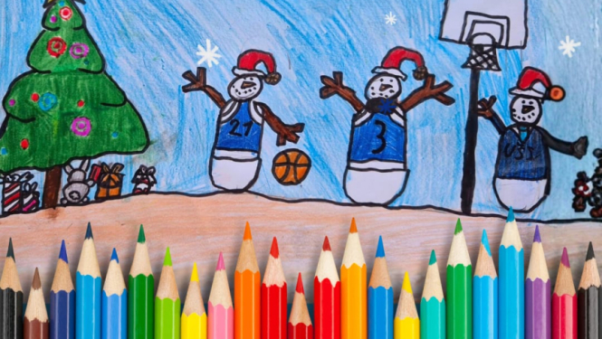 Afiša zīmēšanas konkursam. Pamatā bērna zīmējums ar sniegavīriem basketbola komandas "Ogre" tērpos, izgreznota eglīte un zīmuļi