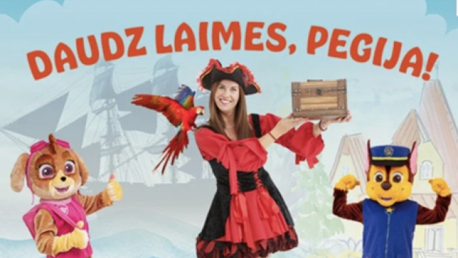 Afiša ar informāciju par pasākumu, tekstu "Nāc svinēt kopā ar Pegiju!" un izrādes tēliem - Pegiju, Skaju un Čeizu
