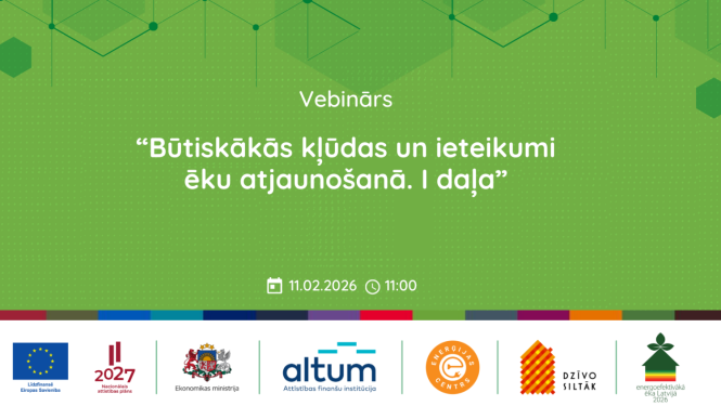 Vizuāla informācija ar vebināra nosaukumu un norises laiku, kā arī finansētāju un organizētāju logo