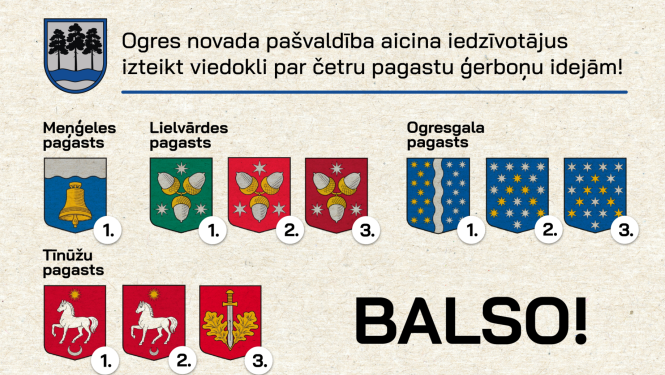 Pašvaldība aicina iedzīvotājus izteikt viedokli par Meņģeles, Ogresgala, Lielvārdes un Tīnūžu pagastu ģerboņiem