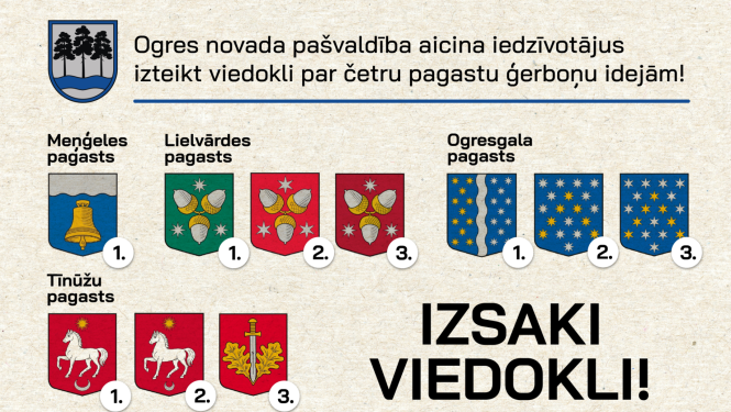 Iedzīvotāji aicināti izteikt viedokli par potenciālajiem ģerboņiem Meņģeles, Lielvārdes, Ogresgala un Tīnūžu pagastos