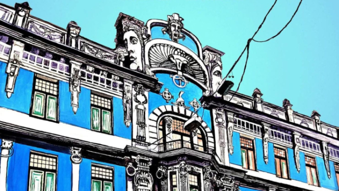 Afiša ar informāciju par izstādi un tās atklāšanu. Fonā - jūgendstila ēka gaiši zilos toņos 