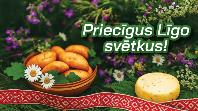 Ogres novada pašvaldība vēl priecīgus Līgo svētkus! Attēlā māla bļoda ar pīrāgiem, dekorēts ar margrietiņām, ķimeņu siera ritulis un jāņuzāles. Attēla apakšā - Lielvārdes josta.