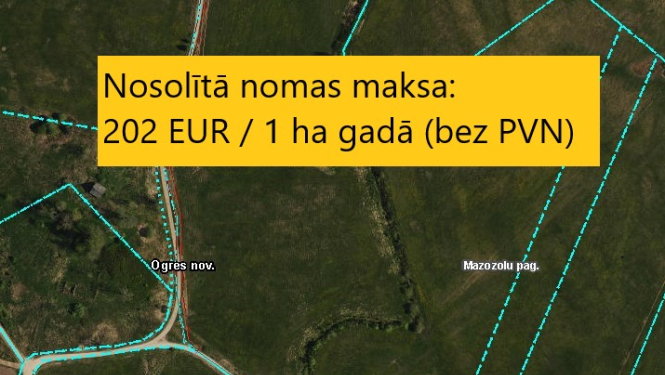 Karte ar informāciju, ka nosolītā nomas maksa ir 202 eiro par vienu hektāru bez PVN
