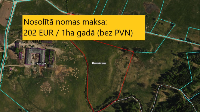 Karte ar informāciju uz tās - nosolītā nomas maksa - 202 eiro par vienu hektāru gadā bez PVN