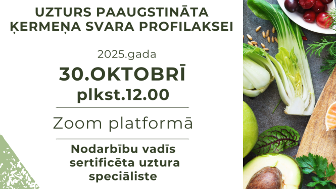 Afiša par uztura nodarbību. Fonā dārzeņi