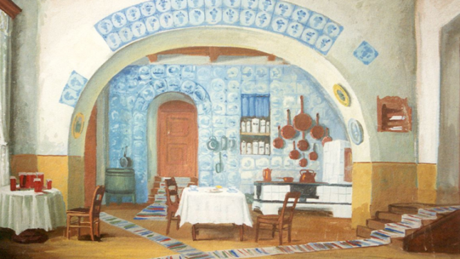 Afiša ar informāciju par muzeja darba laikiem, fona attēlā - senlaicīga virtuve