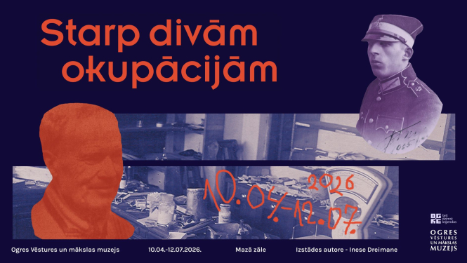 Afiša ar informāciju par izstādi un senu fotogrāfiju fragmentiem