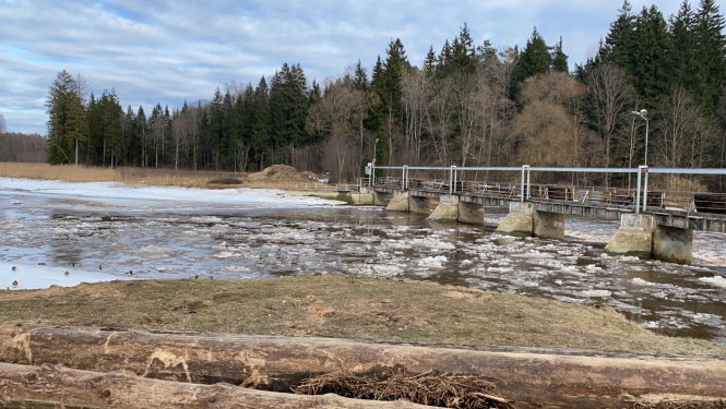 Ogres upē turpinās ledus iešana