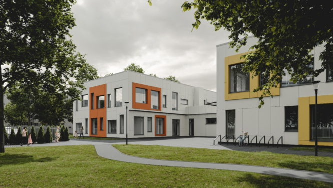 Topošā bērnu dārza Mālkalnes prospektā vizualizācija - ēka divos stāvos, zālājs un pa to ved taciņa. Pie ēkas sienas velosipēdu novietne