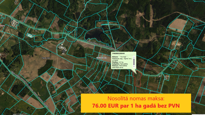 Nomas tiesību izsoles rezultāts - nosolītā nomas maksa īpašumam "Purmaļi" Madlienā ir 76 eiro par hekrāru gadā bez PVN 
