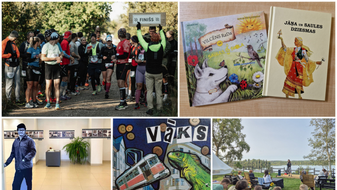 Kolāža ar piecu īstenoto projektu attēliem - dubultmaratona "Taisnais" dalībnieki uz finiša līnijas, kopas "Silavoti" izdotās grāmatas, Robertam Jansonam veltīta izstāde Ikšķiles Tautas namā, mūzikas albums “Vāks” un Jumpravas jaunieši, kas klausās izglītojošu lekciju brīvā dabā 