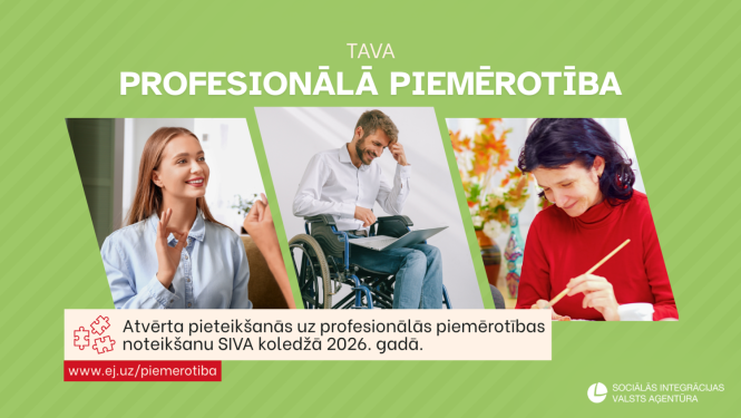 Plakāts ar aicinājumu pieteikties profesionālās piemērotības noteikšanai personām ar invaliditāti
