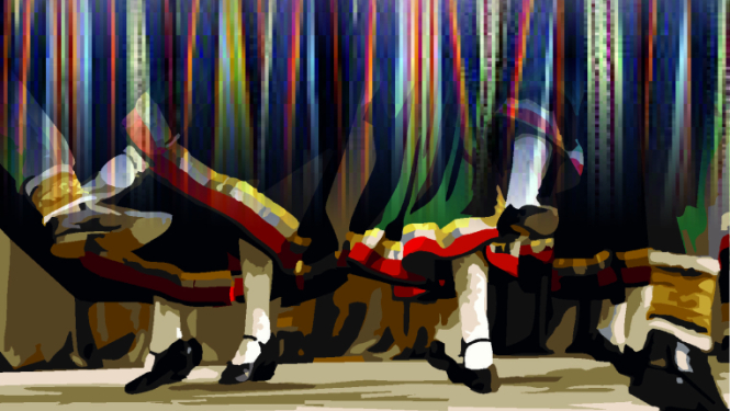 Dejotāju, galvenokārt meitu kājas - melnas kurpes, baltas zeķes un krāsainu brunču malas plīvo dejā.