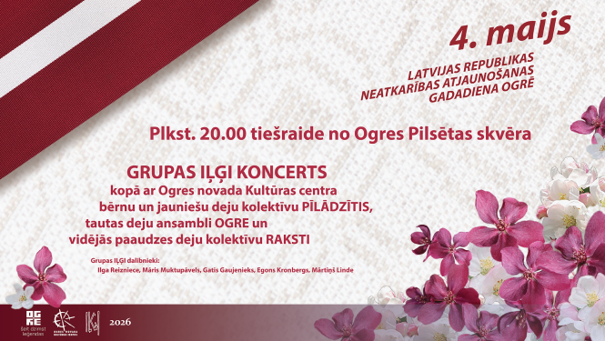 4. maijā plkst. 20.00 tiešraidē no Ogres Pilsētas skvēra tiks translēts latviešu postfolkloras un folkloras grupas IĻĢI koncerts, kurā piedalās Ogres novada Kultūras centra bērnu un jauniešu deju kolektīvs PĪLĀDZĪTIS, tautas deju ansamblis OGRE un vidējās paaudzes deju kolektīvs RAKSTI.