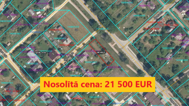 Izsoles rezultāts Sporta iela 1A Ikšķile, nosolītā cena 21500 eiro.