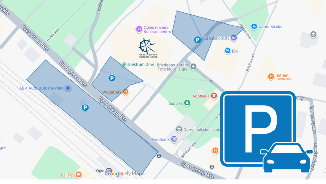 Autostāvlaukumu izvietojums Ogres centrā - karte, ceļu satiksmes apzīmējuma zīme - balts P burts uz zila fona un zila automašīna