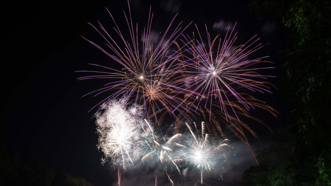 Svētku uguņošana uz tumšu debesu fona