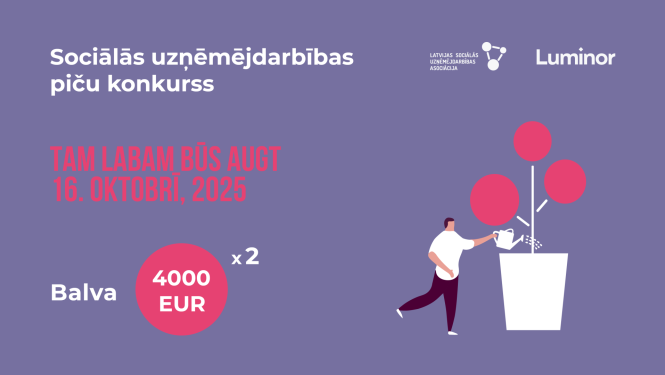 Afiša konkursam "Tam labam būs augt". Konkursā var piedalīties un iegūt balvu sociālās uzņēmējdarbības veikšanai. Attēla zīmēts vīrietis pie liela puķu poda laista tur augošo ziedu