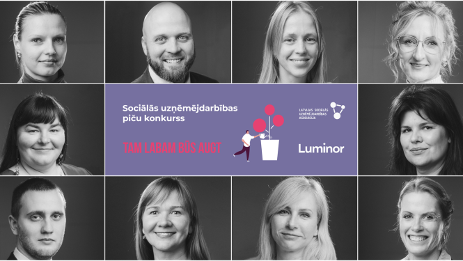 Konkursa “Tam labam būs augt 2025” finālisti, tai skaitā sociālais uzņēmums no Ogres novada. Attēls ar finālistu foto.