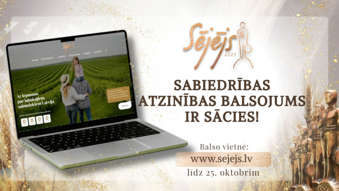 Konkursa "Sējējs 2025" sabiedrības atzinības balsojums. Attēlā atvērts portatīvais dators ar attēlā redzamu ģimeni uz lauka fona