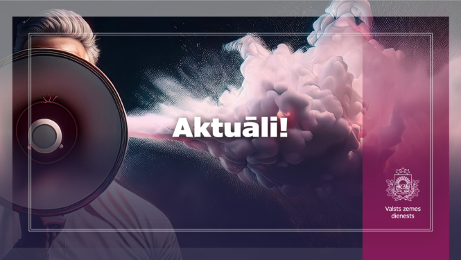 Cilvēks ar ruporu un uzraksts "Aktuāli" Valsts zemes dienesta informācijai par būvju vienkāršoto būvju reģistrēšanu kadastrā