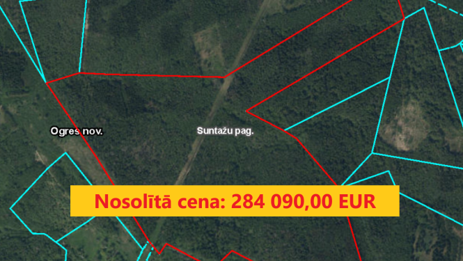Izsoles rezultāts mežaudzes cirsmām nekustamajā īpašumā Vecduntes Suntažu pagastā. Nosolītā cena 284090,00 eiro