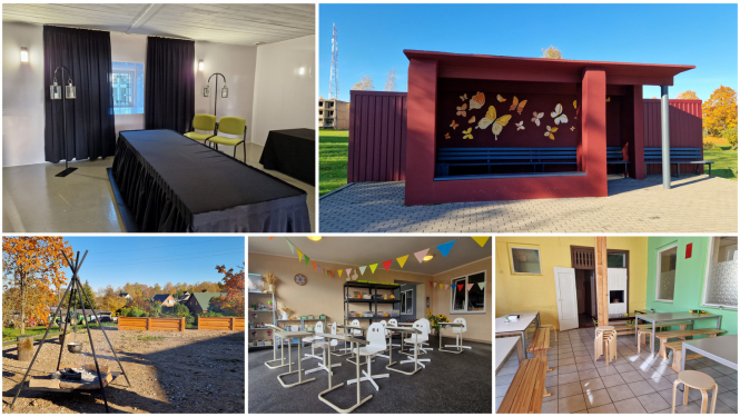 Kolāža ar piecu īstenoto projektu attēliem - Suntažu kapličas iekštelpām, Taurupes autobusa pieturu, Ķeipenes ugunskura vietu priekšplānā un augstajām tējas dobēm fonā, bērnudārza "Riekstiņš" garāžas nojumē izveidoto āra klasi un  Mazozolu skolas ēdnīcu ar jaunajiem soliem