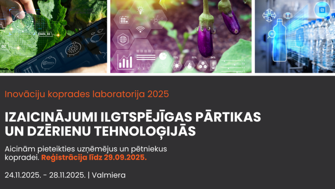 Afiša Vidzemes plānošanas reģiona uzņēmējiem aicinājumam uz starptautisku kopradi – novembrī notiks Inovāciju koprades laboratorija par ilgtspējīgu pārtiku un dzērieniem. Attēlā plastmasas pudeles, baklažānu un zaļu augu stādi